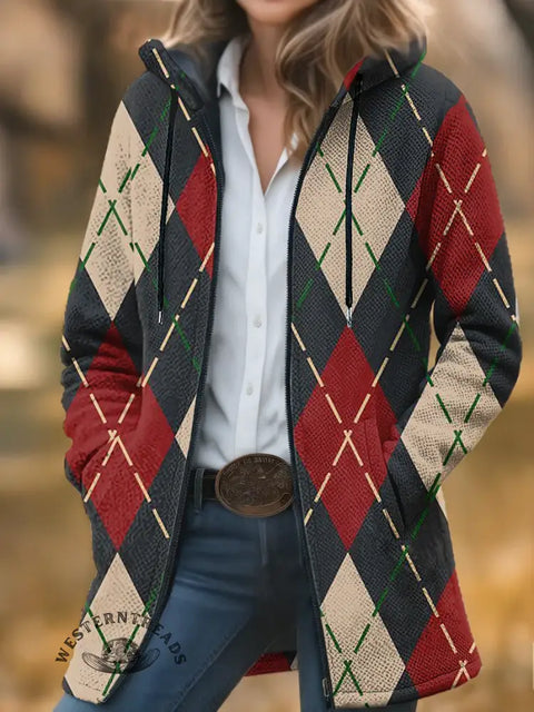 Color Plaid Print Unisex Plush Thick Long-sleeved Cardigan Coat