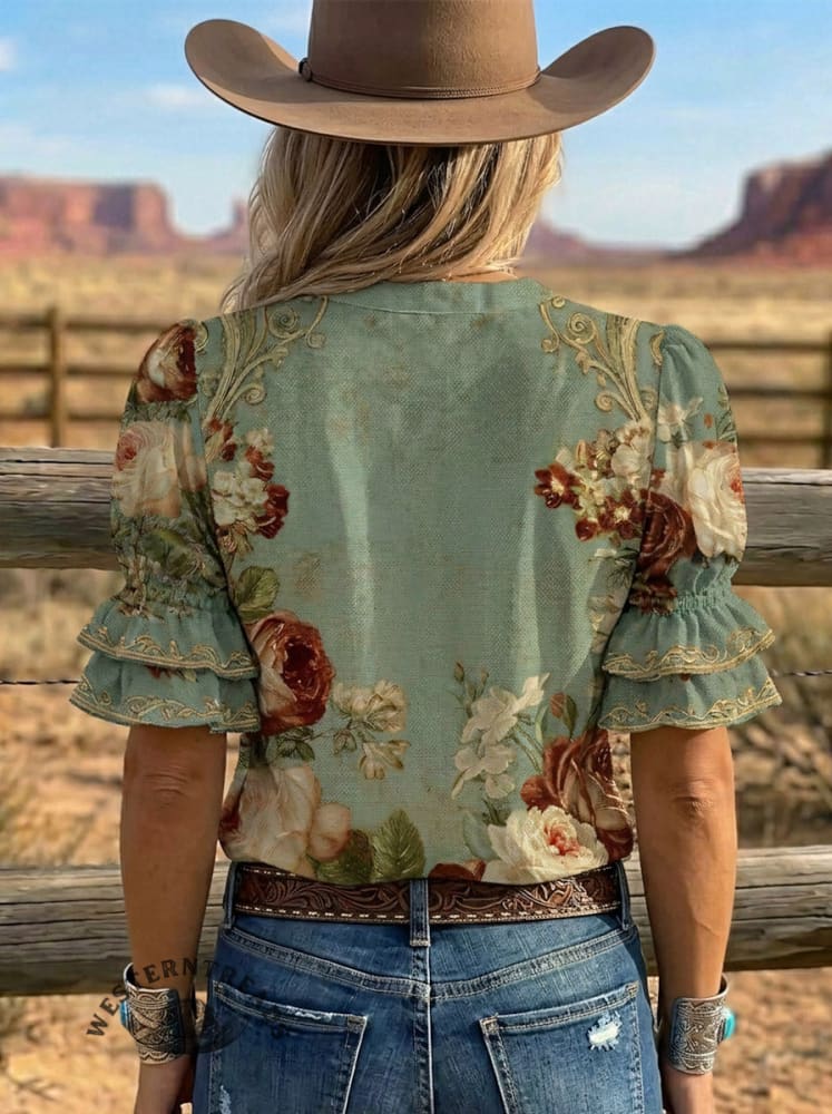 Women's Retro Floral Art Puff Sleeve Casual Shirt