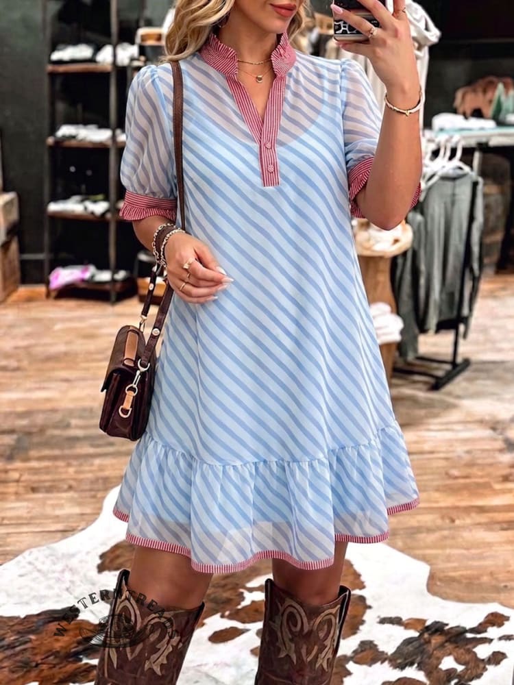 Vintage Art Comfortable Summer Fabrics Patchwork Stripes Casual Dress