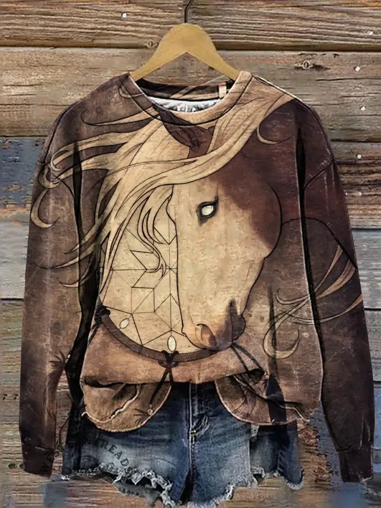 Retro Horse Art Casual Cotton Sweatshirt