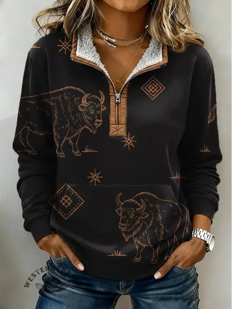 Aztec Cow Pattern Print Casual Half-zip Cotton Sweatshirt