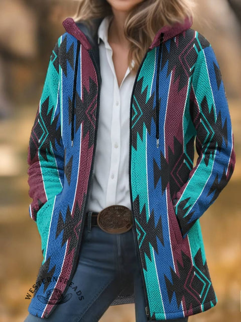 Aztec Print Unisex Plush Thick Long-sleeved Cardigan Coat