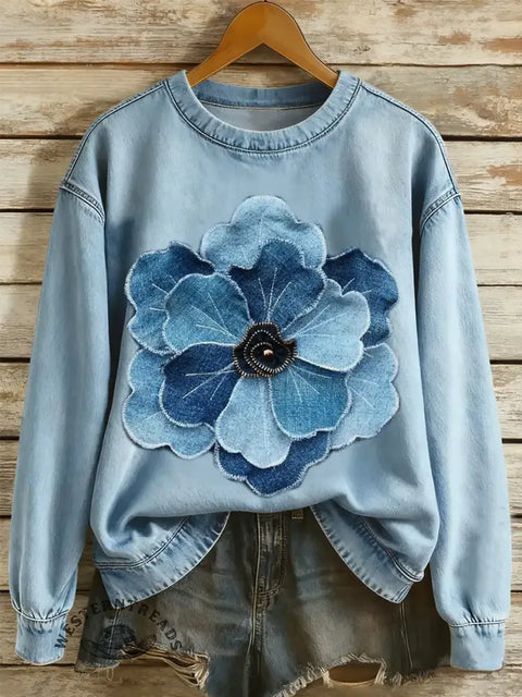 Floral Art Print Casual Denim Patchwork Top