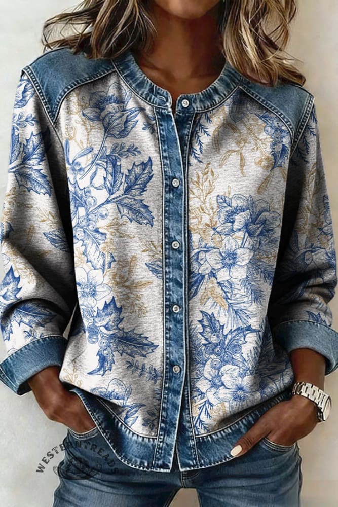 Women's Retro Floral Print Casual Denim Patchwork Sweatshirt