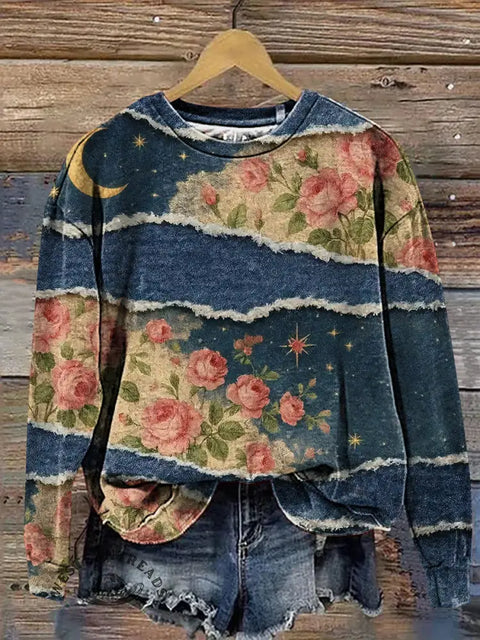 Retro Rose Floral Art Print Casual Cotton Sweatshirt