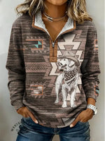 Retro Western Dog Aztec Print Casual Half-zip Cotton Sweatshirt