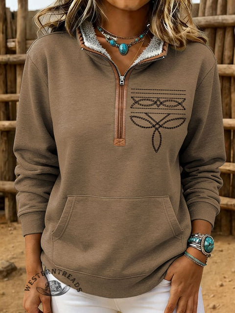 Retro Aztec Print Casual Half-zip Cotton Sweatshirt