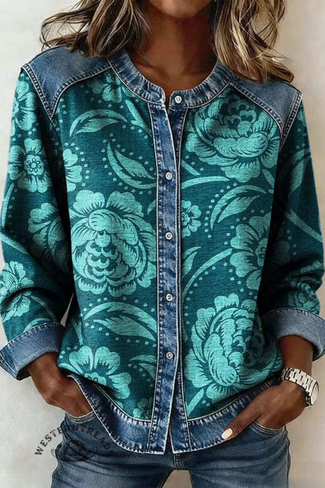 Women's Retro Floral Print Casual Denim Patchwork Sweatshirt