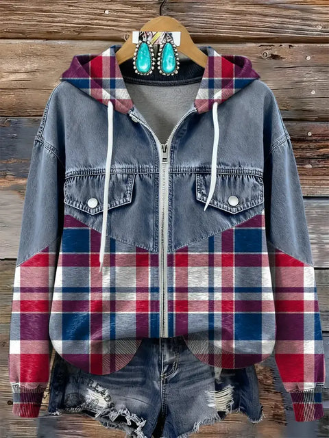Plaid Patchwork Denim Zip-up Hoodie