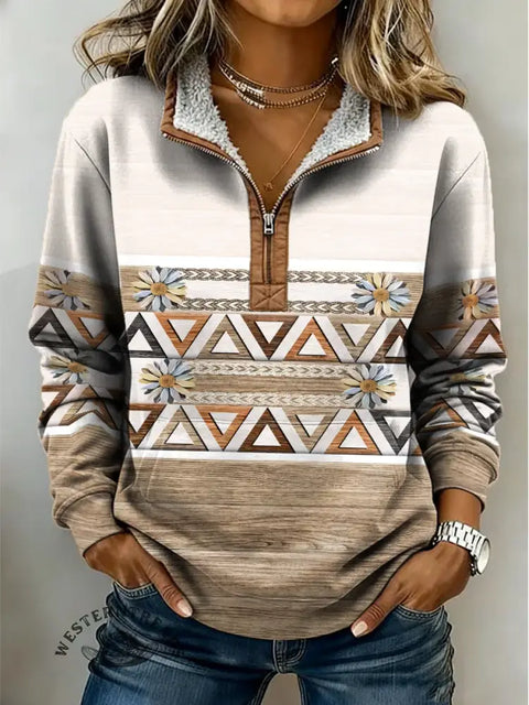 Retro Geometric Art Print Casual Half-Zip Cotton Sweatshirt