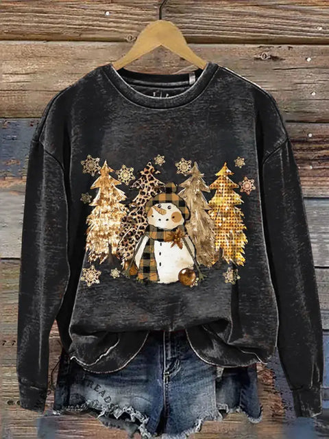 Retro Snowman And Tree Casual Cotton Sweatshirt