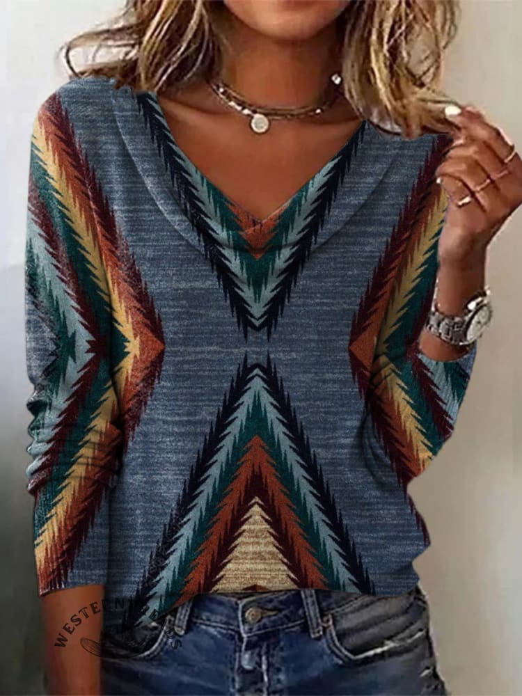 Women's Vintage Aztec Art Print Cowl Neck Top