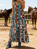 Vintage West Print Sleeveless Multi-layered Ruffled Strap Dress