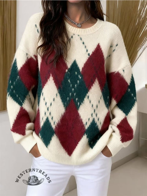 Retro Christmas Print Knit Pullover Sweater