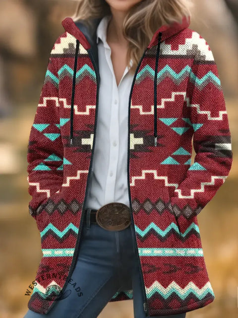Retro Color Aztec Unisex Plush Thick Long-sleeved Cardigan Coat