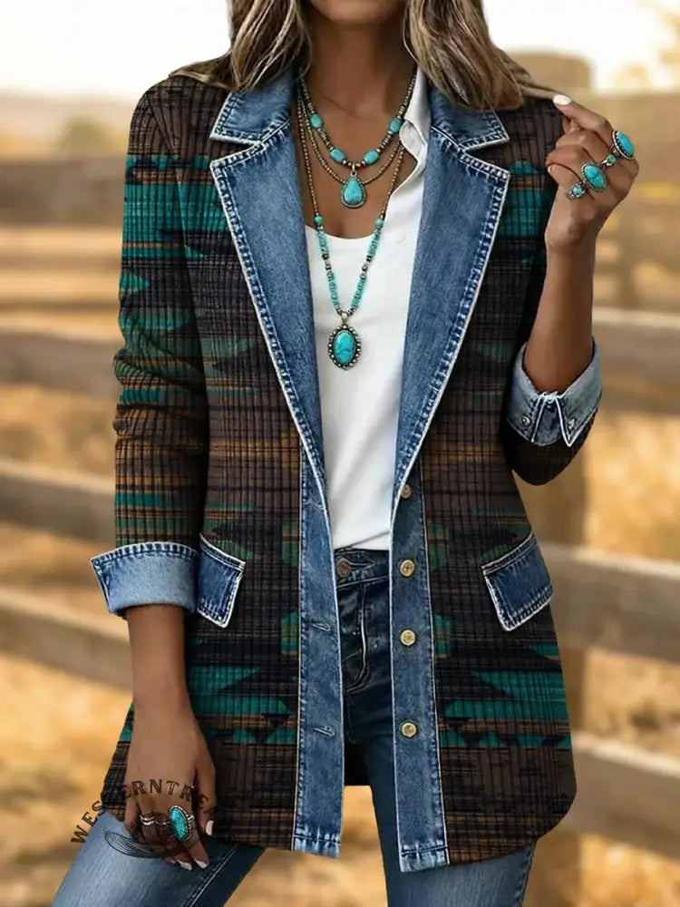 Retro Southwestern Art Print Patchwork Denim Sweater Cardigan Coat