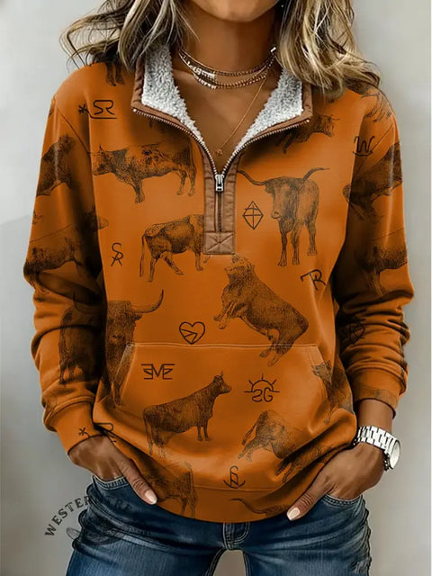 Cow Cattle Brands Pattern Casual Half-Zip Cotton Sweatshirt