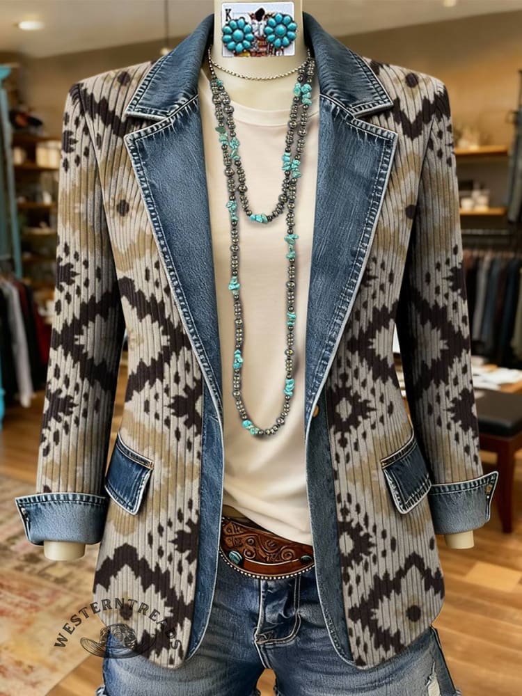 Aztec Print Patchwork Denim Sweater