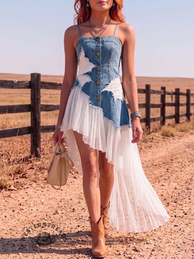 Women's Denim And Chiffon Patchwork Camisole Dress