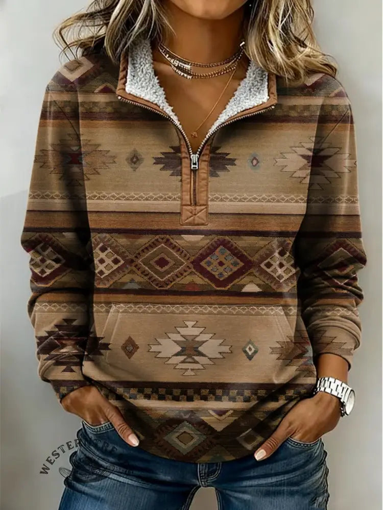 Aztec Print Casual Half-zip Cotton Sweatshirt