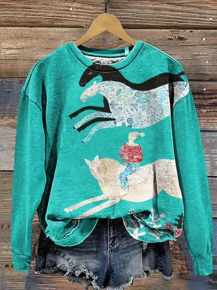 Turquoise Horse Art Print Casual Cotton Sweatshirt