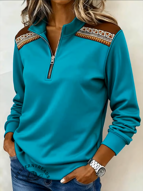 Casual Aztec Plush Half-Zip Cotton Sweatshirt
