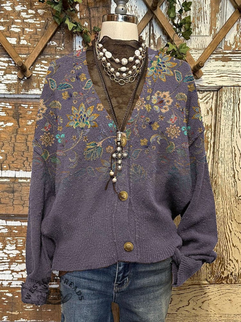 Floral Print Buttoned V-neck Cardigan Sweater