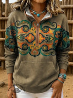 Vintage Art Print Casual Half Zip Cotton Sweatshirt