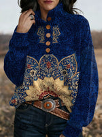 Retro Western Printed Button-up Sweatshirt