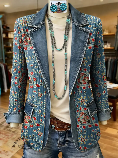 Retro Paisley Art Print Patchwork Denim Sweater Cardigan Coat
