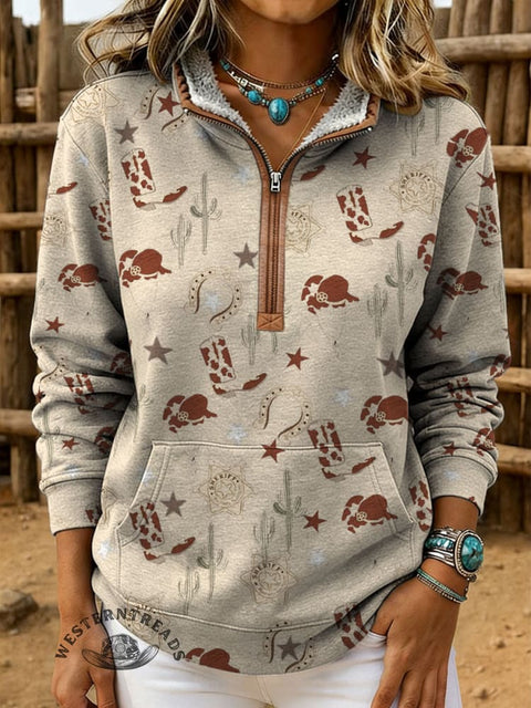 Retro Horse Print Casual Half-zip Cotton Sweatshirt