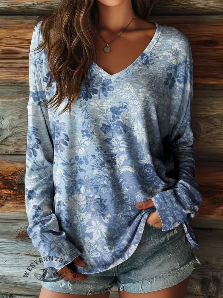 100% Cotton🍃Women's Floral Art Print Casual V-neck Long Sleeve T-shirt