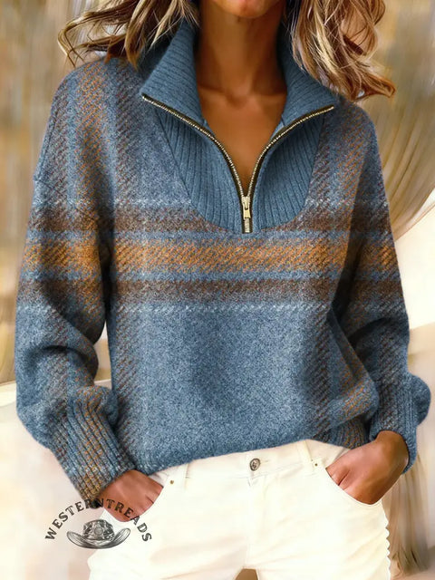 Plaid Pattern Print Zip Up Sweater with High Neck And Ribbed Panel