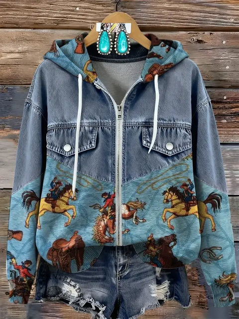 Cowboy Print Patchwork Denim Zip-up Hoodie