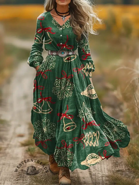 Women's Christmas Print V-Neck Button Pocket Cotton Dress