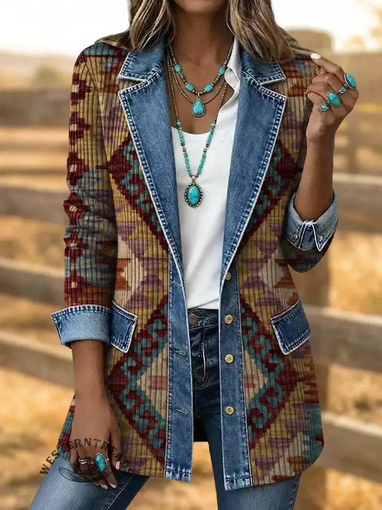 Retro Aztec Art Print Patchwork Denim Sweater Cardigan Coat