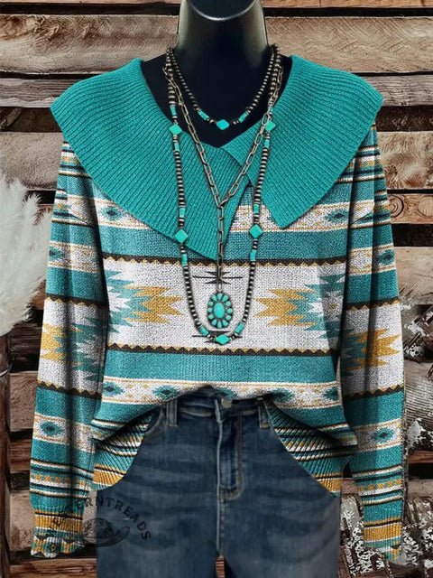 Aztec Art Print Casual Lapel Sweater