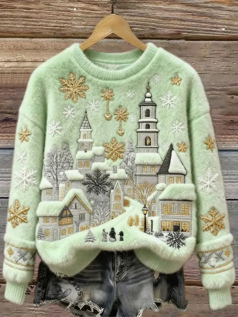 Christmas Snow Scene Embroidery Art Print Cozy Plush Sweater