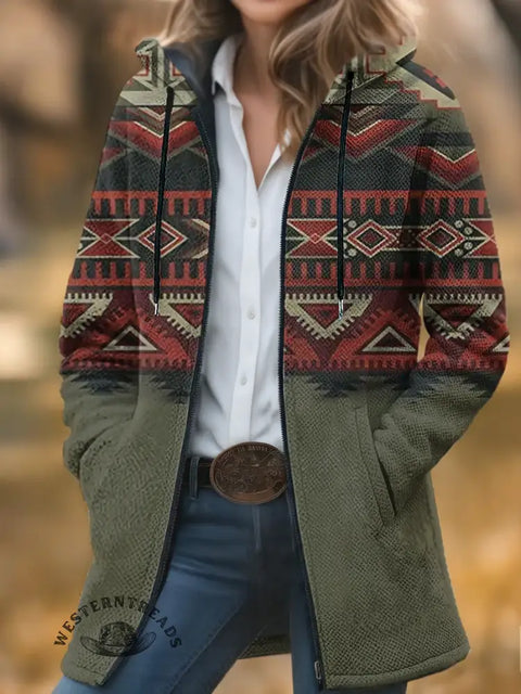 Aztec Print Unisex Plush Thick Long-Sleeved Cardigan Coat