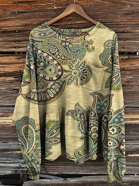 Women's Retro Paisley Print Loose Casual Cotton Sweatshirt