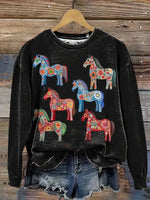 Retro Floral Horse Art Casual Cotton Sweatshirt