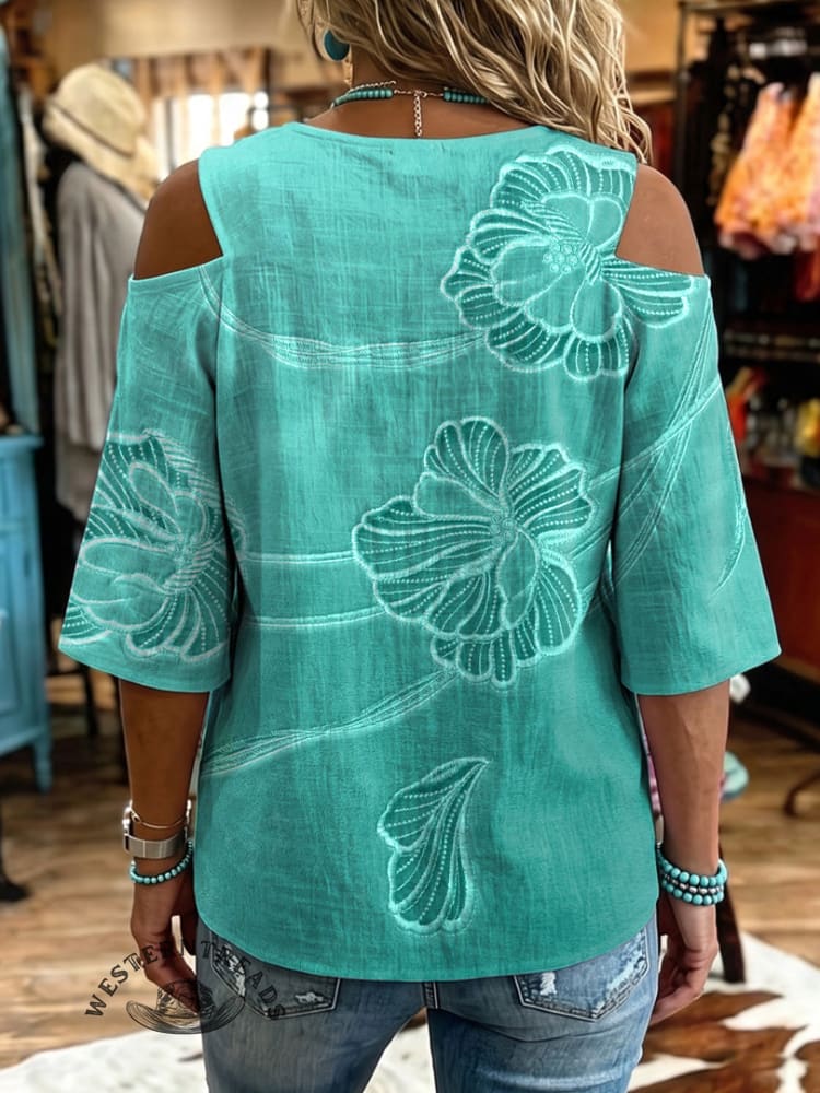 Women's Vintage Flowers Print Off-shoulder Patchwork Casual Shirt