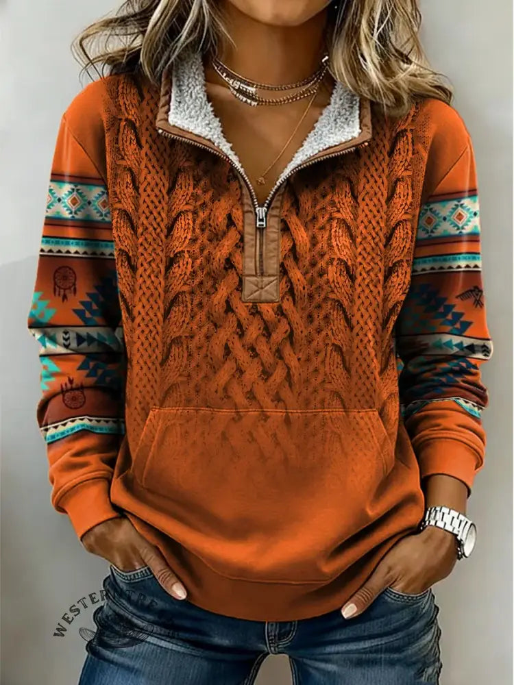 Retro Aztec Knitted Pattern Print Casual Half-zip Cotton Patchwork Sweatshirt