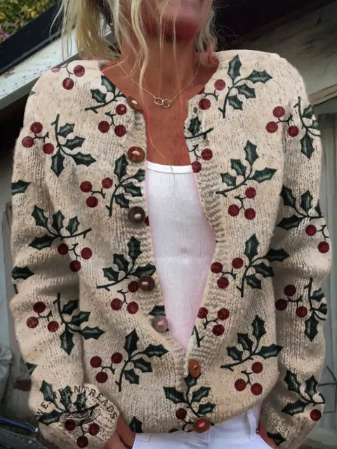 Retro Christmas Floral Print Buttoned Cardigan Sweater