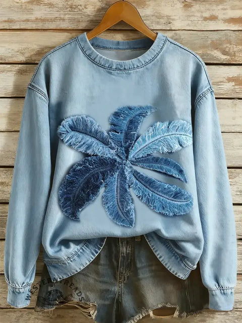 Floral Art Print Casual Denim Patchwork Top