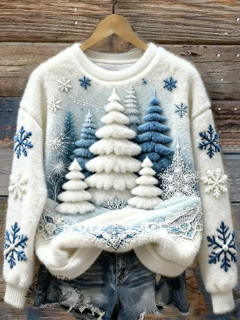 Women's Christmas Tree & Snowflake Art Print Cozy Plush Sweater