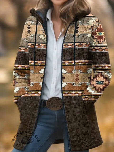 Aztec Print Unisex Plush Thick Long-sleeved Sweater Cardigan Coat