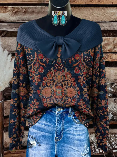 Women's Retro Flower Print Casual Cotton Sweater