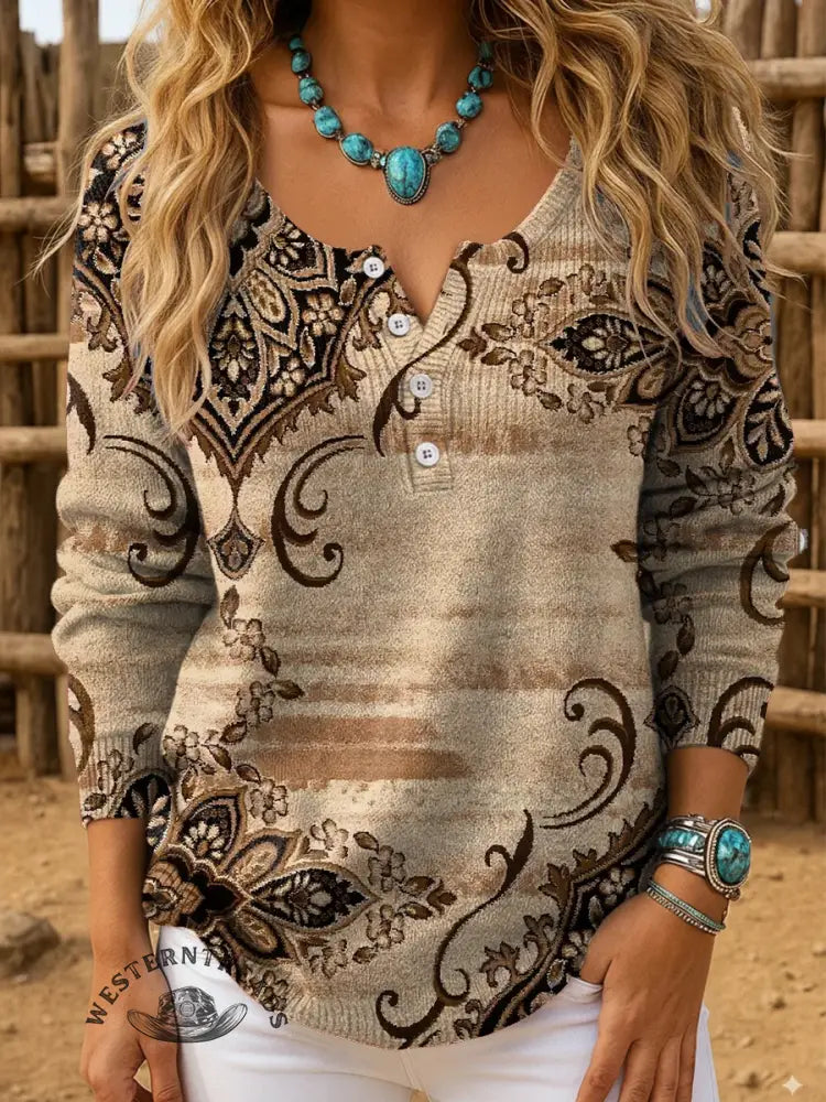 Retro Floral Art Print Buttoned Cardigan Sweater