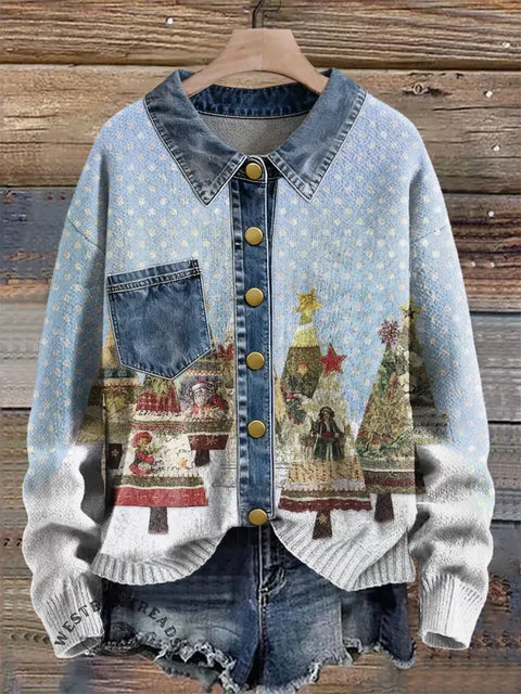 Retro Christmas Tree Print Patchwork Denim Knit Pullover Sweater
